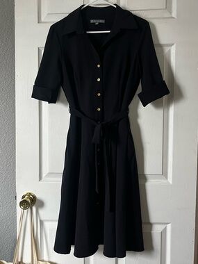 Sharagano Navy Button-Front Midi Dress with Tie Waist
